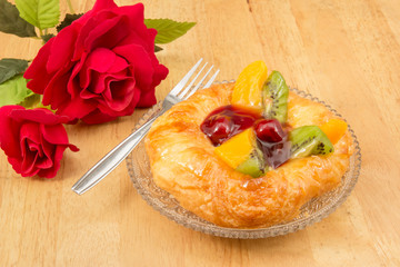 danish pastry with fruits crystal dish