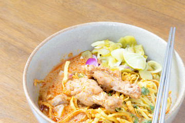 Noodle Khao soi , Thai food on wood background