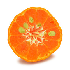 Half orange fruit on white background, fresh and juicy