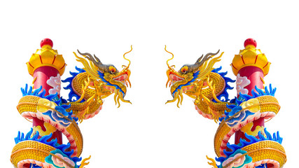Double golden dragon statue isolated on white background