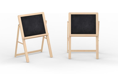 Blank black chalkboard stand with wooden frame, clipping path i