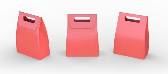 Red paper bag folded  package with handle, clipping path include