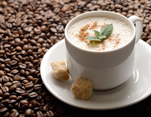 white coffee cup with mint and brown sugar
