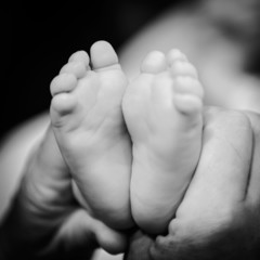 Newborn baby feet on female hands .