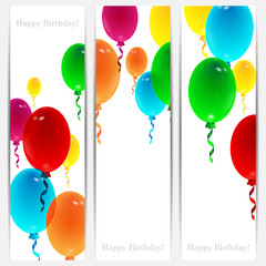 Set of holiday banners for birthday with colorful balloons and p