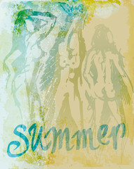 SUMMER / Retro card with silhouettes of woman on the beach