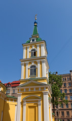 Fototapeta na wymiar Belfry of St. Alexander Nevsky church (1825) in Riga, Latvia