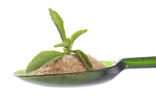 Still life of  Stevia leaf with spoon of brown sugar