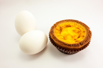 Baked Pudding and eggs in white background