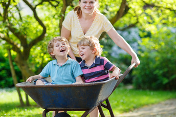 Two little boys having fun in a wheelbarrow pushing by mother