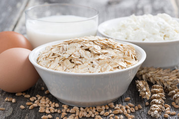fresh products - oatmeal, eggs, cottage cheese and milk