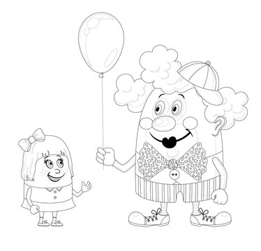 Circus clown with balloon and girl, contour