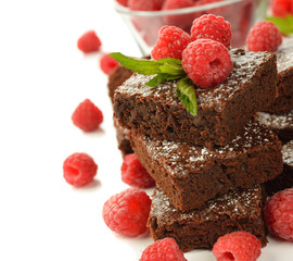 Chocolate brownies with raspberries