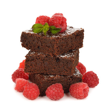 Chocolate brownies with raspberries