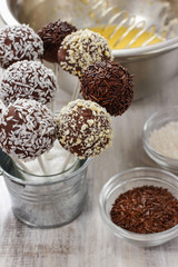 Chocolate cake pops in silver bucket