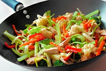 Stir fry with mixed vegetables and chicken in a wok