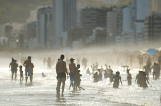 Silhouettes of Carioca Brazilians Standing Ipanema Beach Sunset
