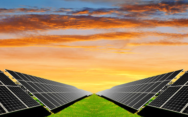 Solar energy panels in the setting sun