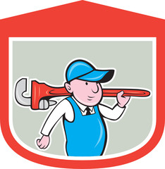 Plumber Holding Big Monkey Wrench Shield Cartoon