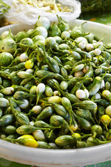 close up thai green tomato in market