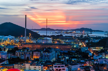 Oil Refinery Factories Beside Seaport st Sunset