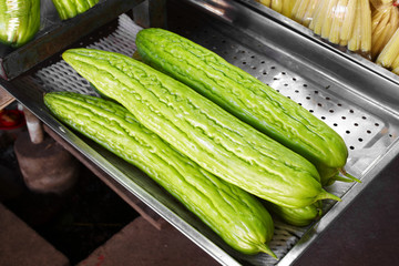 close up asian bitter cucumber in market