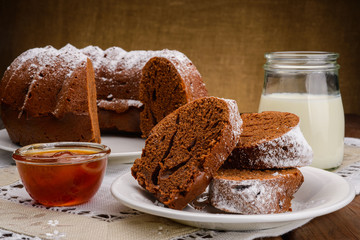 Homemade chocolate Cake, jam and milk