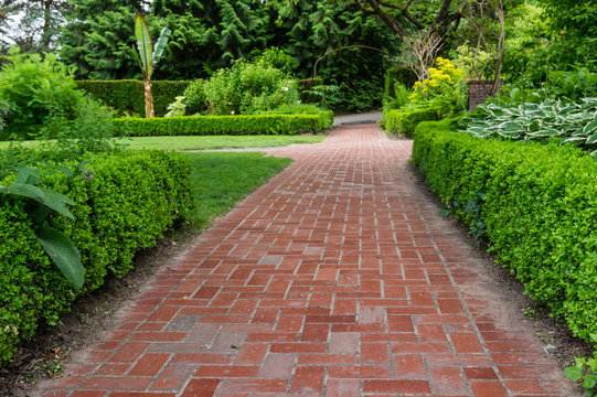 Brick pathways through a garden