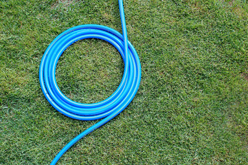 Garden Blue hose  on green grass.