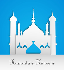 Mosque or Masjid with text Ramadan Kareem blue colorful backgrou