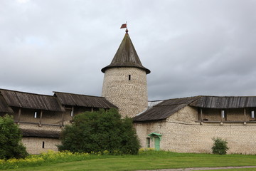 Walls of old Kremlin of Pskov, Russia