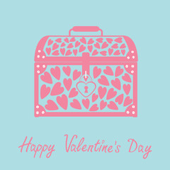 Chest with hearts. Happy Valentines Day card. Blue and pink.