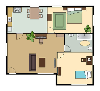 flat scheme with furniture, view from above, vector