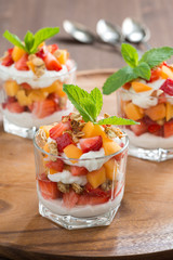 fruit dessert with whipped cream and granola, vertical