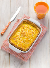 cake with bacon and eggs