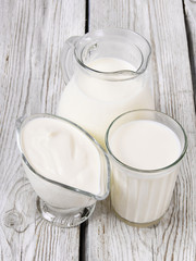 Dairy products on wooden background.