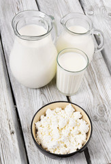 Dairy products on wooden background.