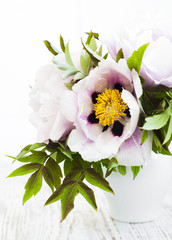 Peony Flower with Green Leaves