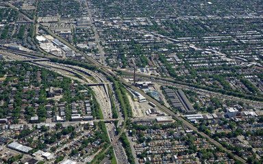 Aerial view of Chicago traffic and expressway interchanges