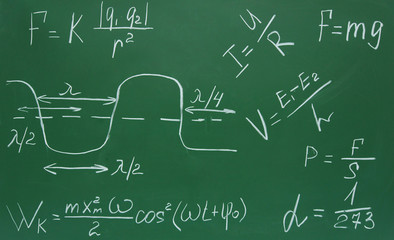 Formulas on the physicist written by a chalk on a school board.