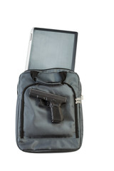 Gun and Notebook computer with carry bag on white background