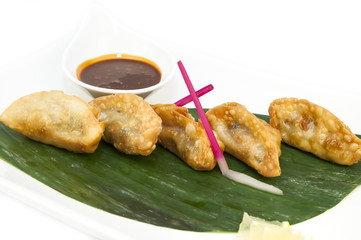 Japanese dumplings with lettuce on white background