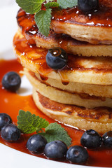 Blueberry pancakes with maple syrup and mint macro