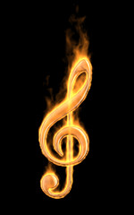 Music note burn in fire. 3D Icon isolated on black