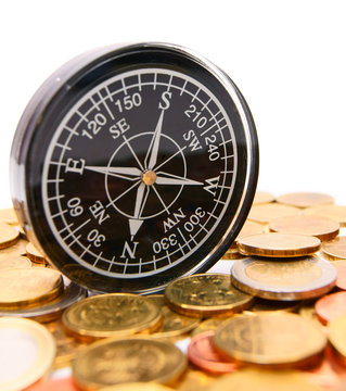 Coins and a compass.