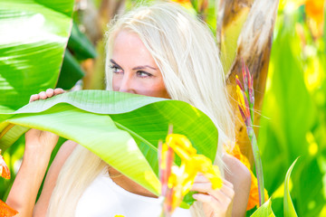 Pretty Blonde Woman relaxing outdoor