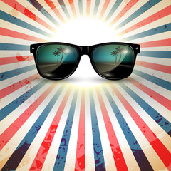 Vector sunglasses with tropical island reflection in the lens