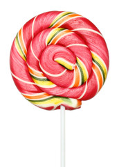 Colorful spiral lollipop on white background.