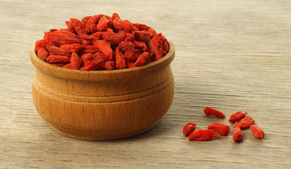 Bowl with goji berries on a wooden background close-up.