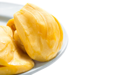 Juicy jackfruit isolated on white background, selective focus.